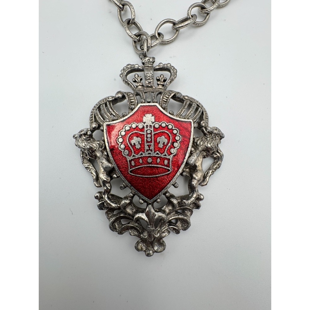 Vintage Coat of Arms Necklace British Heraldic Shield Red Enamel Crown w/ Lion